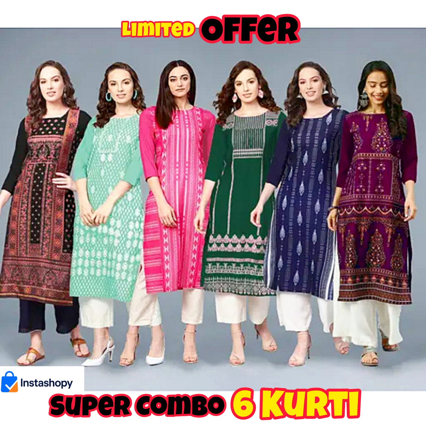 Women’s Printed Kurti Combo – Pack of 6 Stylish Cotton Blend Kurtis