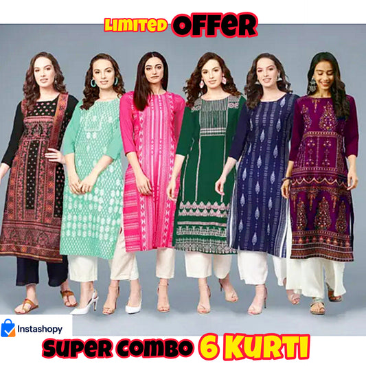 Women’s Printed Kurti Combo – Pack of 6 Stylish Cotton Blend Kurtis