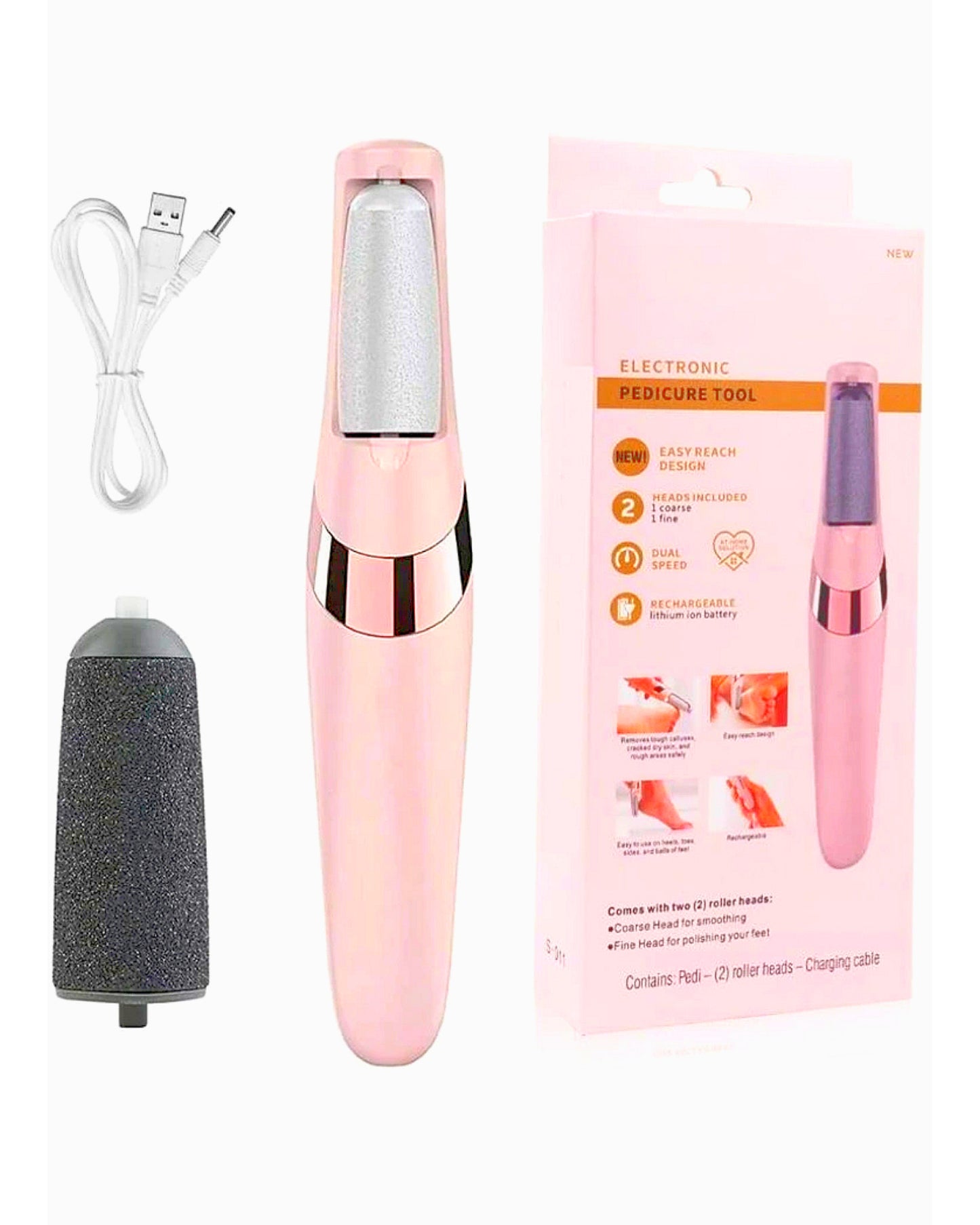 Rechargeable Electronic Pedicure Tool with 2 Roller Heads – Foot Callus Remover