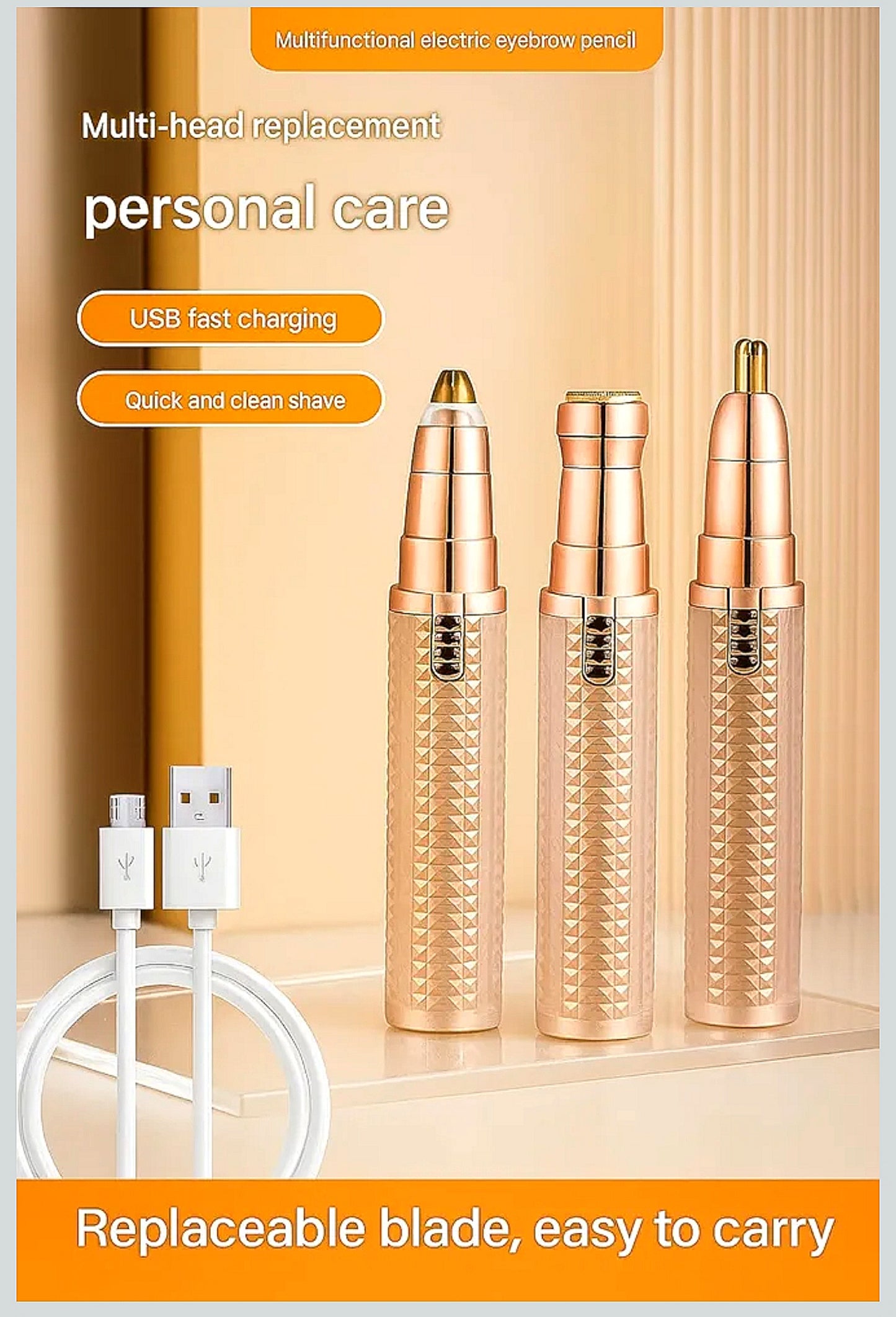 Multifunctional Electric Eyebrow & Facial Hair Trimmer – USB Rechargeable with Replaceable Heads