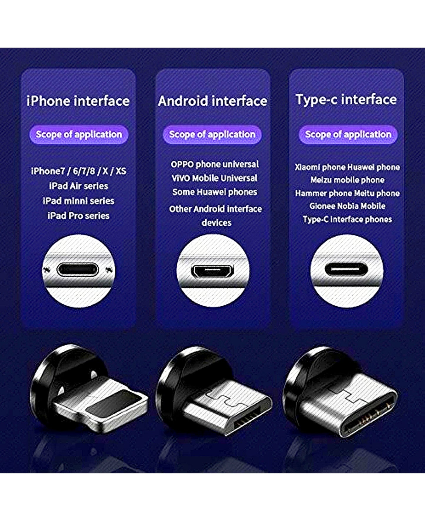 3 in 1 3A Magnetic LED Flowing Light USB Charging Cable with 3 Connectors