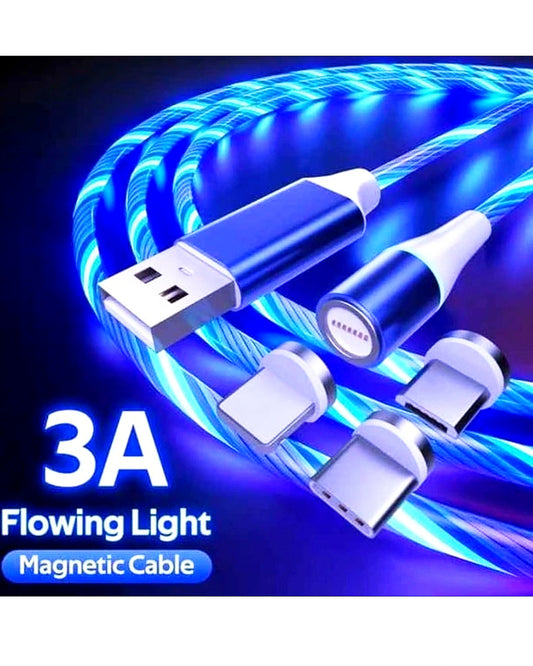 3 in 1 3A Magnetic LED Flowing Light USB Charging Cable with 3 Connectors