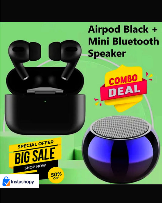 AirPods Black with Mini Bluetooth Speaker – Combo Offer (50% OFF)