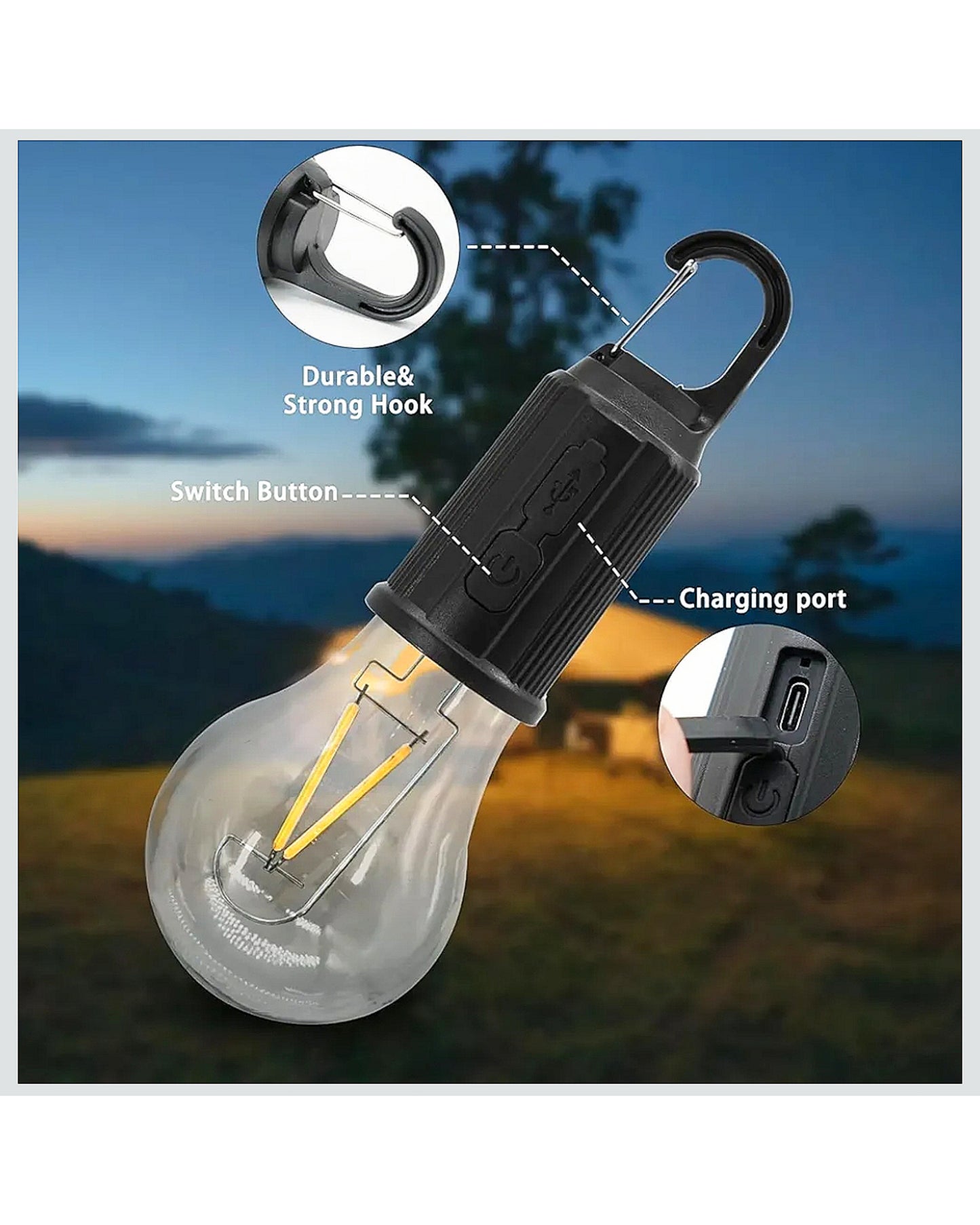 Rechargeable USB LED Hanging Bulb Light with Hook – Portable Camping, Emergency & Outdoor Lighting
