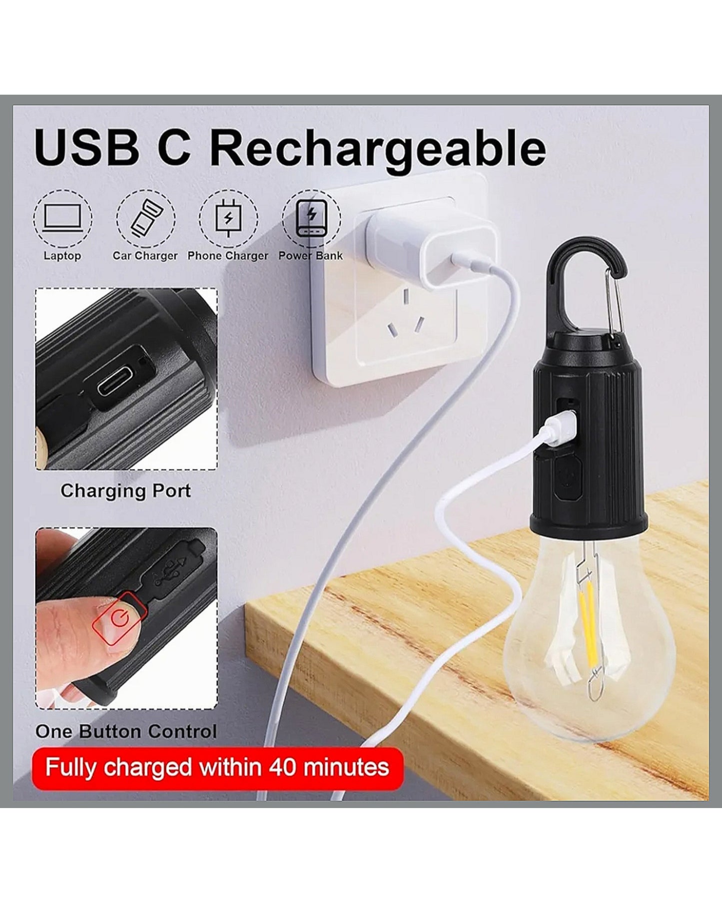 Rechargeable USB LED Hanging Bulb Light with Hook – Portable Camping, Emergency & Outdoor Lighting